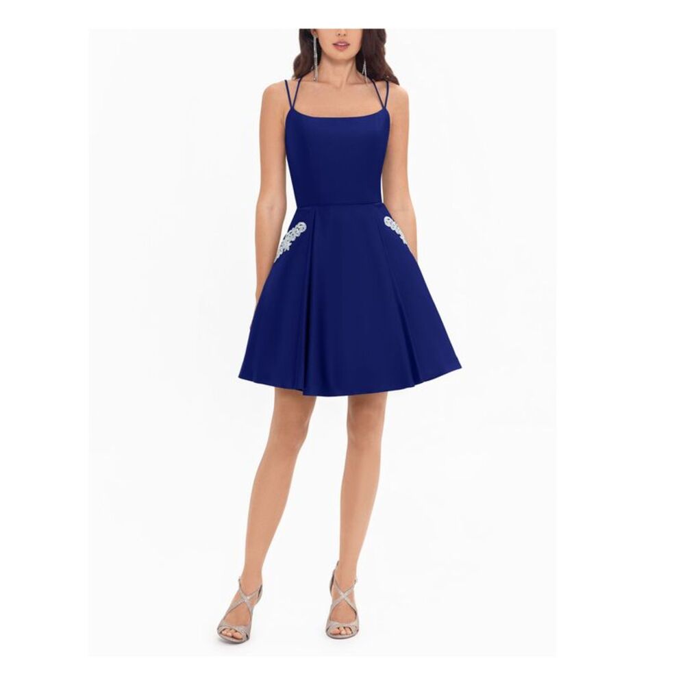 BLONDIE NITES Womens Fit + Flare Short Dress Blue Spaghetti Strap Juniors 7